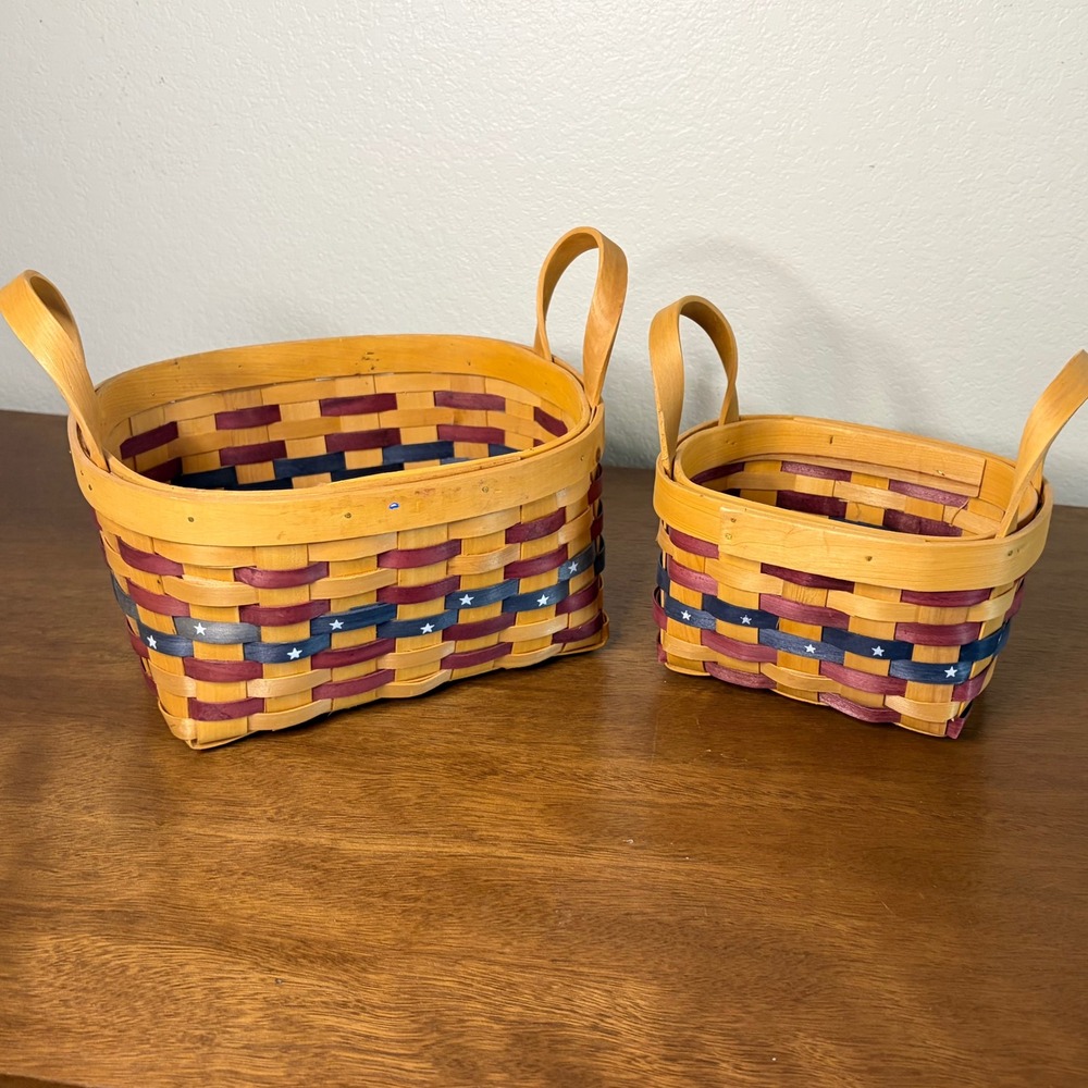 Set of 2 Americana Woven Wood Baskets Red Blue Stars Double Handles